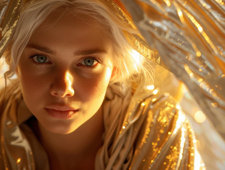 Ethereal blonde woman in golden lightの素材