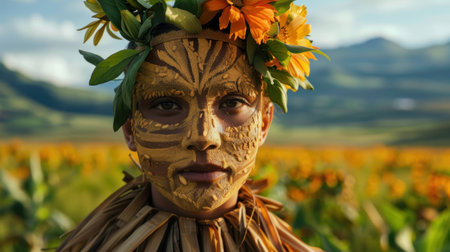 Tribal face paint and flower crown in fieldの素材