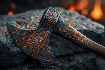 Ornate Viking-style battle axe on a rocky surfaceの素材