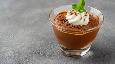 Delicious chocolate mousse dessert with whipped cream and mint garnishの素材