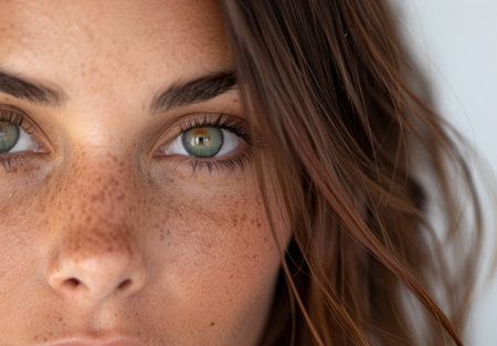 close-up of woman's face with green eyesの素材