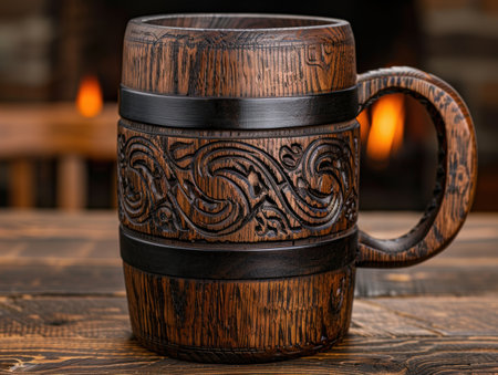 Ornate wooden beer mug with intricate carvingsの素材