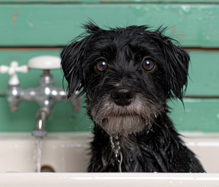 wet black dog in bathtubの素材