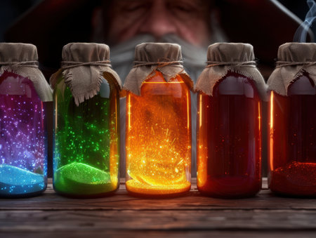 Colorful glowing jars with sparkling lightsの素材