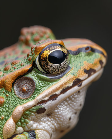 Close-up of a vibrant green and gold frog with large, expressive eyesの素材