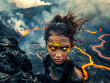 Powerful woman in a dramatic storm landscapeの素材
