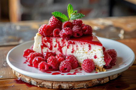 Delicious raspberry cheesecake with fresh raspberriesの素材