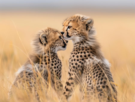 Cheetah cubs playing in the savannaの素材