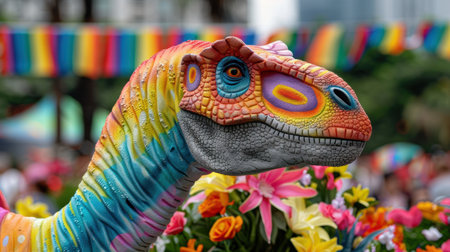 Colorful reptile sculpture in a floral gardenの素材