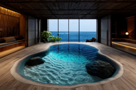 Luxurious indoor pool with ocean viewの素材