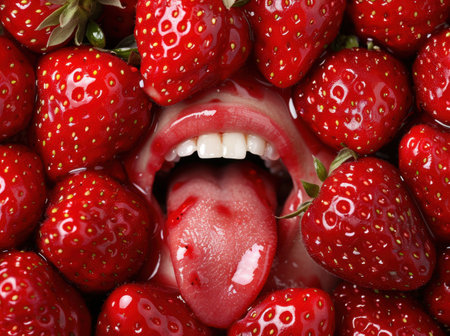 Delicious red strawberries with an open mouthの素材