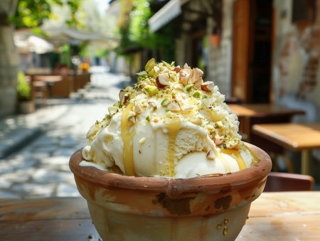 delicious ice cream dessert with toppings in a bowlの素材