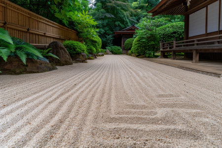 Serene Japanese garden path with lush foliageの素材