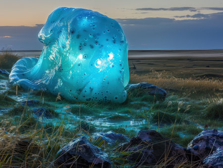 Glowing blue jellyfish on rocky shore at sunsetの素材