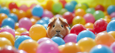 Cute guinea pig peeking out from colorful balloonsの素材