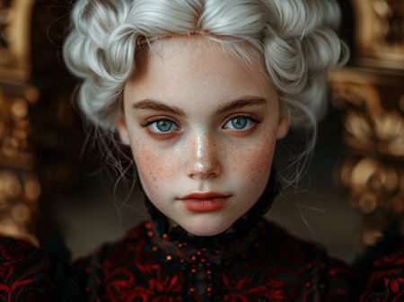 Captivating portrait of a young woman with striking blue eyes and a pensive expressionの素材