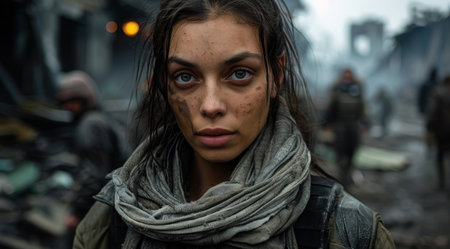 Thoughtful young woman in winter clothingの素材