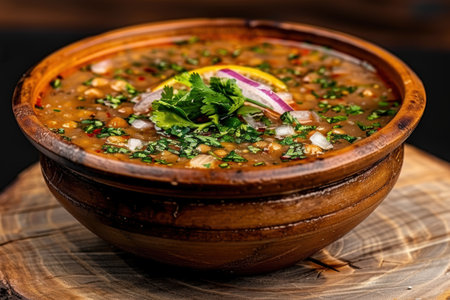 Hearty vegetable stew in a rustic wooden bowlの素材