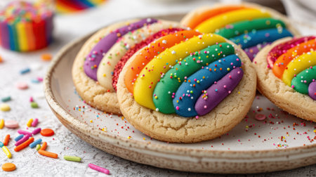 Colorful rainbow cookies on a plateの素材