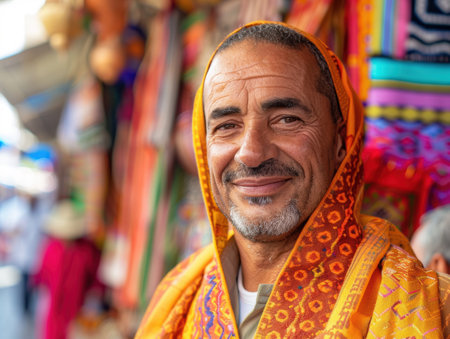 Smiling man in colorful traditional clothingの素材