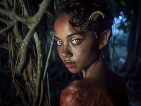 Mysterious woman with glowing eyes in the jungleの素材