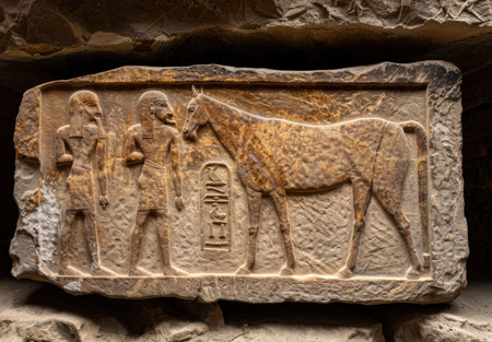 ancient egyptian carved stone relief with figures and hieroglyphicsの素材