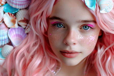 portrait of a young woman with vibrant pink hairの素材