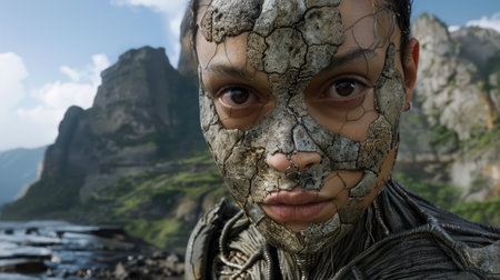Rugged mountain warrior with cracked stone faceの素材