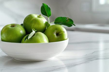 fresh green apples in bowlの素材