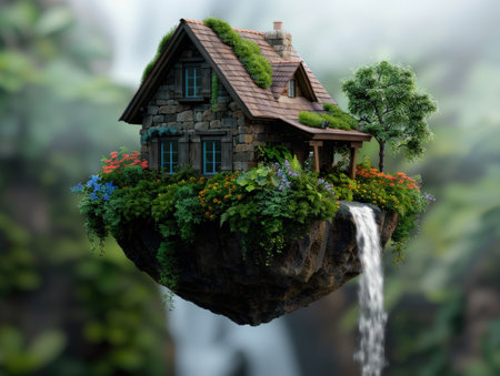 Enchanting floating cottage in a magical forest landscapeの素材