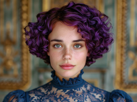 woman with vibrant purple curly hairの素材