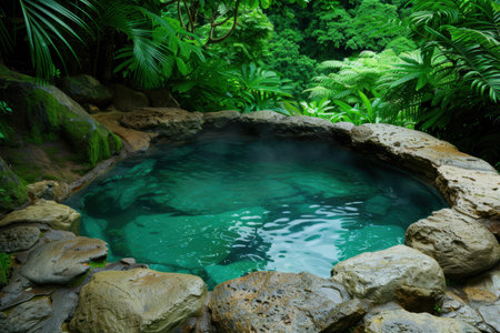 Lush tropical jungle pool with crystal clear turquoise waterの素材