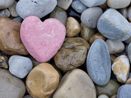 Pink heart-shaped rock among pebbles and stonesの素材