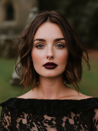 Elegant woman with dark makeup and wavy hairの素材