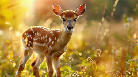 Adorable baby deer in a field of flowersの素材