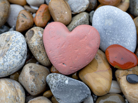 pink heart-shaped stone among pebblesの素材