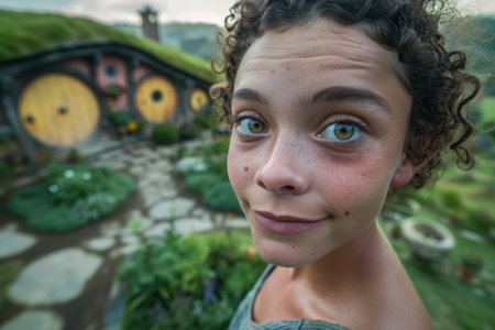 Curious child with vibrant eyes in enchanting natural settingの素材