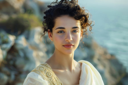 Elegant woman with curly hair in a white dressの素材