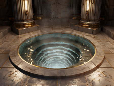 Ornate marble and gold interior with circular poolの素材