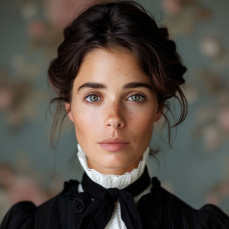 Elegant woman with dark hair and piercing eyesの素材