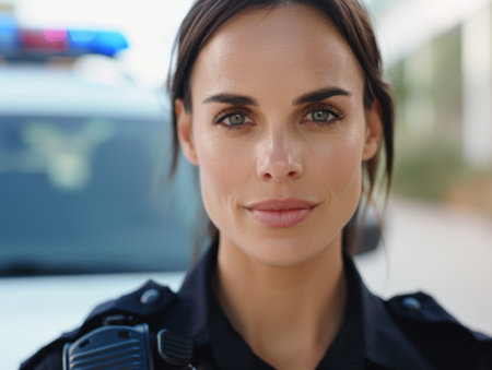 serious female police officer in uniformの素材