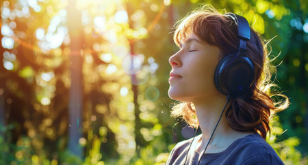 person enjoying nature and music with headphonesの素材