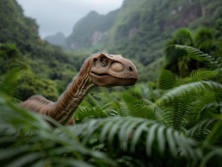 Curious dinosaur-like creature in lush tropical forestの素材