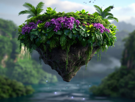 Lush tropical floating island with vibrant flowersの素材