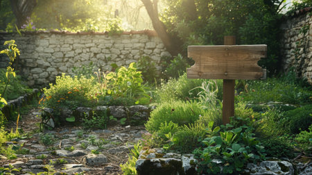 Tranquil garden scene with wooden signの素材