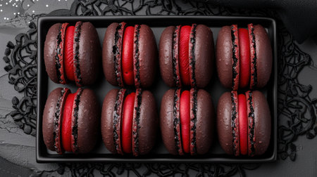 Delicious red and brown macarons on a black trayの素材