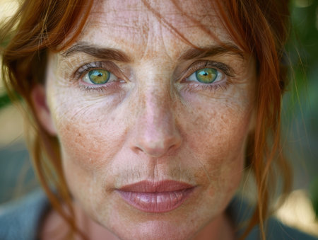 close up portrait of a woman with vibrant green eyesの素材