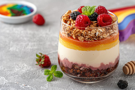 Delicious layered dessert with granola, berries, and yogurtの素材