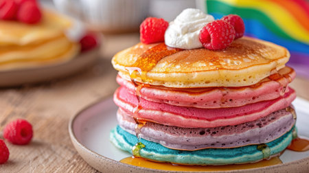 Colorful layered pancakes with fresh raspberries and whipped creamの素材
