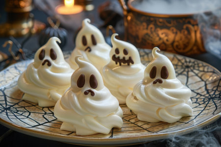 Spooky ghost-shaped meringue cookies on a decorative plateの素材